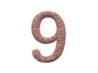 A textured number nine with a speckled pattern on a transparent  background isolated
