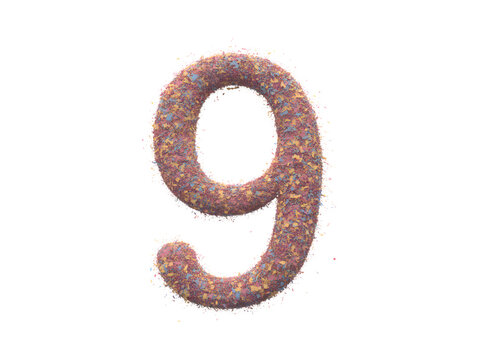 A textured number nine with a speckled pattern on a transparent  background isolated