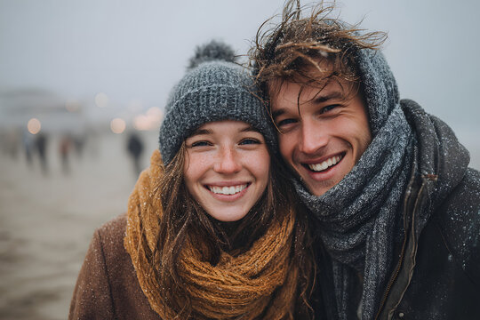 Happy young couple enjoying the day in a cold winter on the beach.