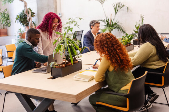 Diverse startup team collaborating on laptop during office meeting