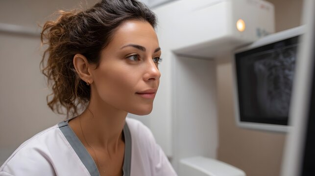 A focused female medical professional examines diagnostic imaging on a screen in a modern healthcare facility - Powered by Adobe