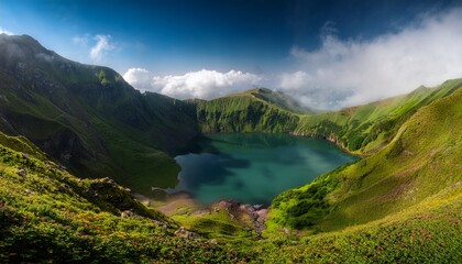 scenic volcanic lake nestled in lush mountains