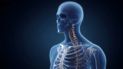 A translucent blue human skeleton showing the skull neck vertebrae and rib cage against a dark background
