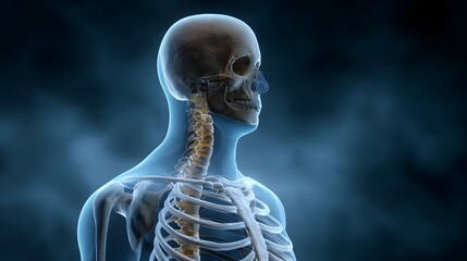 Transparent human skeleton visualization focusing on the skull and spine rendered in blue light