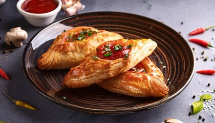 savory pastry with sauce and peppers