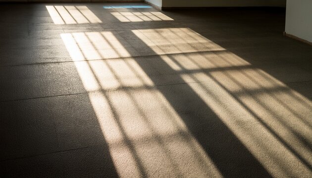 sunlight streams through a window casting long narrow shadows on a textured concrete floor in a dimly lit space