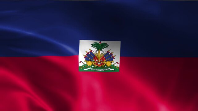 waving flag of haiti with the coat of arms in the center and a dramatic silky texture