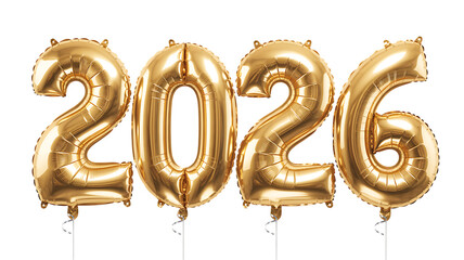 Shiny gold balloons forming the number 2026 against a black background