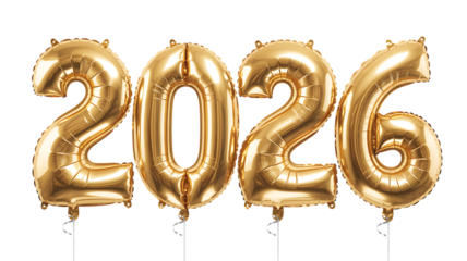 Shiny gold balloons forming the number 2026 against a black background