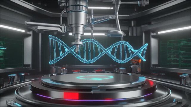 Holographic double helix structure being analyzed by automated laboratory equipment - Powered by Adobe