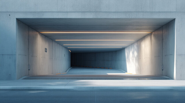 Minimalist underground parking entrance, sleek concrete architecture, clean professional urban look