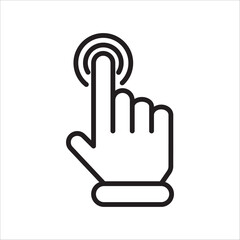 A hand with an index finger pointing and tapping, creating a circular wave effect, black and white line illustration, symbolizing a click, tap, touch, interaction, or cursor. 