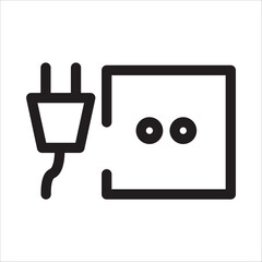 Electric plug and wall socket icon, black and white line illustration, symbolizing connection, electricity, charging, or power supply, isolated on a white background, vector graphic element.