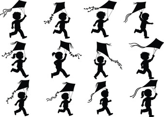 Children silhouettes, kids running, kite flying, outdoor play, childhood joy, freedom, happy movement, black figures, playful scene, sky activity