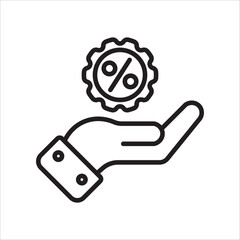 A hand holding a percentage discount label icon, black and white illustration, symbolizing discount offers, special offers, promotions, or money savings. 