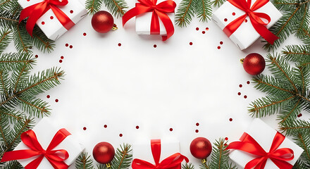 Festive Christmas Presents and Pine Needles Frame a White Background with Red Baubles