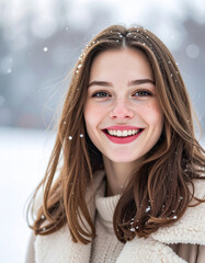 Joyful woman smiling in snowy winter landscape portrait outdoor close-up happiness