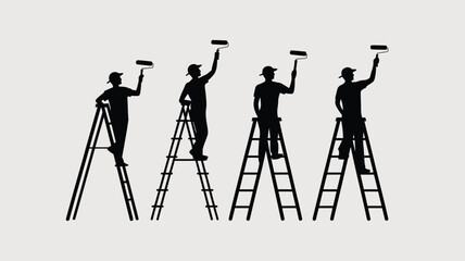 Team of painters on ladders applying fresh coat, perfect for home improvement ads or construction industry promotions with a clean, modern aesthetic.