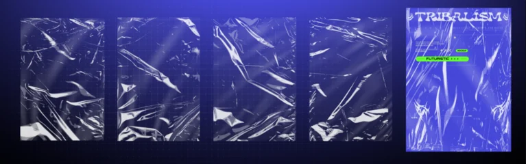 Fototapeten Pony Set of glossy crumpled plastic wrap textures with blue futuristic tribal poster mockup and transparent cellophane overlays  © ZinetroN