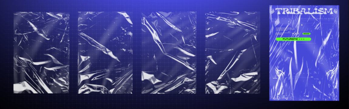 Set of glossy crumpled plastic wrap textures with blue futuristic tribal poster mockup and transparent cellophane overlays