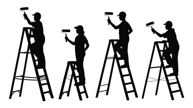 Silhouetted painters on ladders bring fresh style to your next project, perfect for construction, renovation, and home improvement design needs