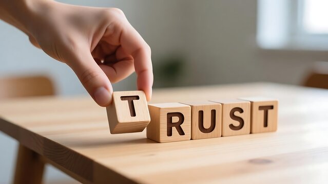 Building trust concept with wooden blocks and hand trust building strategy and importance of trust