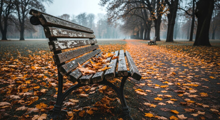 Naklejka premium Rustic Park Bench Covered in Autumn Leaves