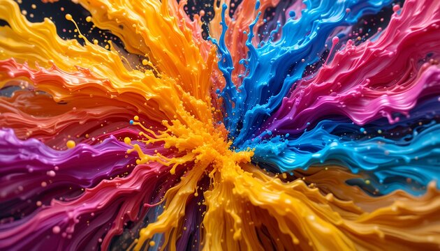 Vibrant explosion of multicolored paint splashes swirling dynamically from the center in an