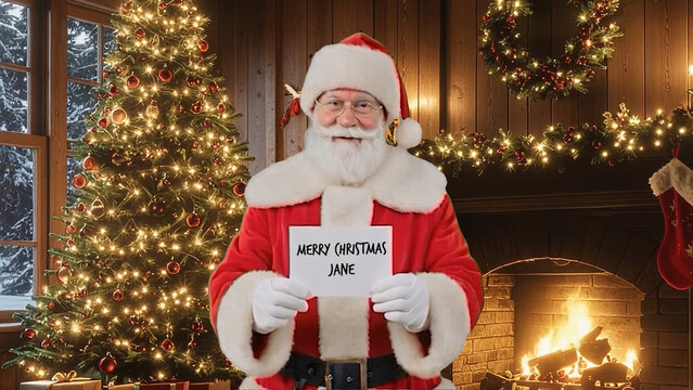 Christmas Santa Greeting Holding Card Wide Title Animation