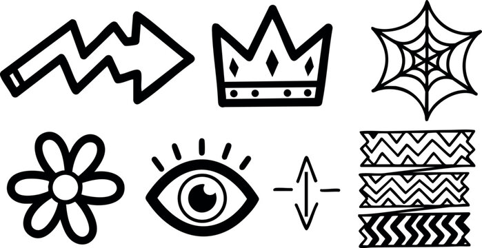 Set of simple black line icons including arrow, crown, spider web, flower, eye, and zigzag patterns for creative design projects vector illustration