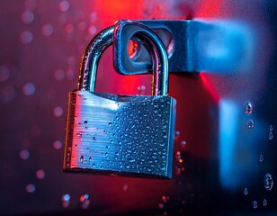 a close up of a wet padlock glowing with red and blue light attached to a textured metallic surface with a blurred background