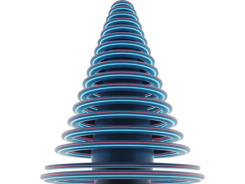 A futuristic tower made of rings with blue and pink neon lights on transparent  background