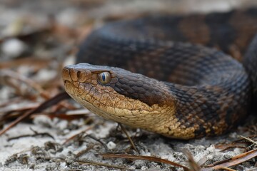 Fototapeta premium Florida's Wild Cottonmouth Snake: A Close Encounter with Nature's Venomous Reptile