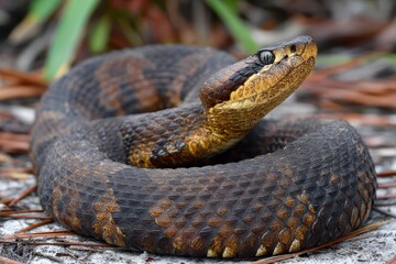 Fototapeta premium Ferocious Cottonmouth: Striking Encounter with the Venomous Snake in the Wilds of Florida