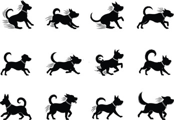 dog, silhouette, running, motion, sequence, animation, pet, animal, speed, movement, frame, dynamic, black, outline, fast, canine, action, walk, sprint, loop