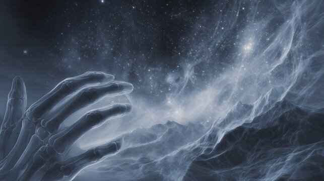 Ethereal skeletal hand glowing with cosmic energy reaching into a swirling nebula and starry sky