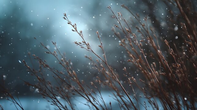 Delicate dried grass stalks covered in falling snow create a serene winter atmosphere