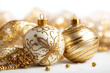 Glittering gold and white christmas tree ornaments festive decoration