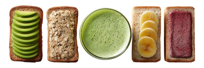 Fresh and Healthy Breakfast Options with Fruits and Smoothies on Toast Slices