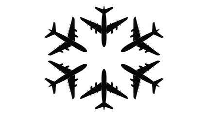 Dynamic arrangement of six black airplane silhouettes creating a modern circular pattern for travel and aviation concepts.