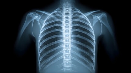 A clear radiographic X ray image displaying the human torso spine rib cage and shoulder anatomy against a dark background