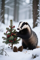 Obraz premium Adorable Badger Decorating a Mini Christmas Tree with Berries in a Snowy Forest, Festive Winter Holiday Charm