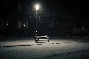 Serene Winter Night in a Snowy Park with an Empty Bench and Glowing Streetlamp, Peaceful and Magical Atmosphere

