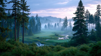 Misty woodland golf course at dawn foggy fairway with tall pine tree serene landscape soft light tranquil mood rolling green morning haze reflective water dreamy scene
