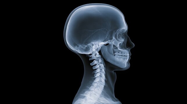 X ray image showing the profile view of a human skull and cervical spine
