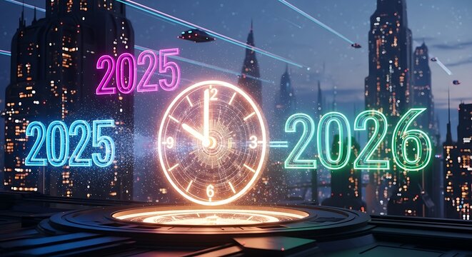 Neon Countdown 2026 in Futuristic City: New Year's Eve Celebration with Cyberpunk Skyline, Glowing Clock, and Flying Vehicles - Powered by Adobe