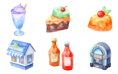 Nostalgic 1950s Diner Food and Drink Icons on Isolated Transparent Background