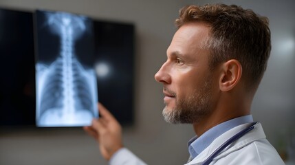 Doctor examines a chest X ray focusing on spine and ribs in a medical setting