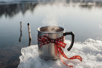 Steaming Hot Chocolate Mug on a Block of Ice with a Festive Red Ribbon, Cozy Winter Contrast

