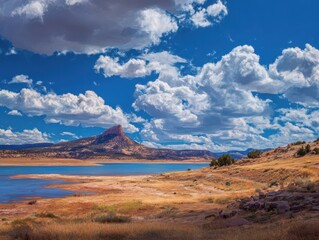 Breathtaking View of Cerro Pedernal from Abiquiu Reservoir: Land of Enchantment with Clouds, Blue Sky, and Reflecting Lake